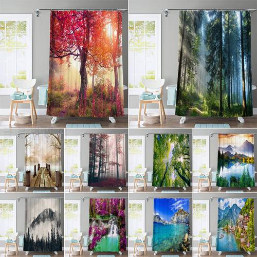 Forest Waterproof Bath Screen Set with 12 Hooks 3D Landscape Fabric Shower Curtains Bathroom Curtain for Home Decoration