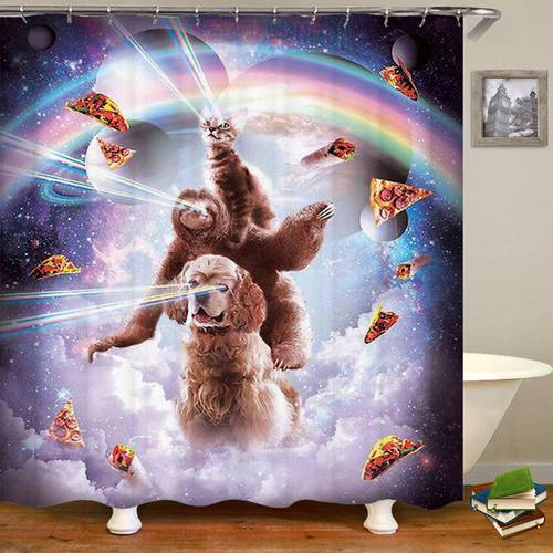 Funny Cat Sloth Dog with Rainbow Pizza Taco in Galaxy Shower Curtain