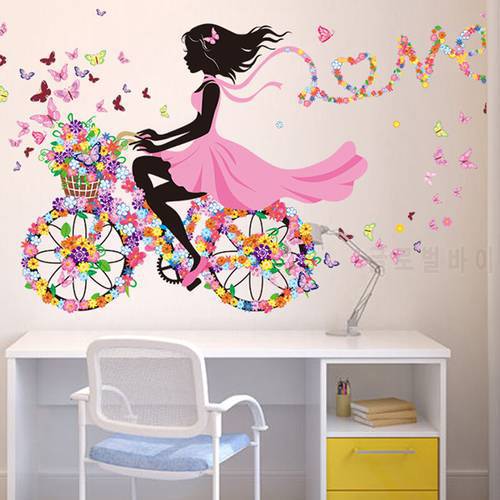 3d butterfly bike girl wall sticker home decoration removable flower bicycle wall decal for living room