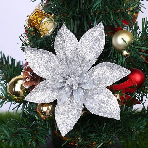 10X Christmas 9cm Poinsettia Glitter Flower Tree Hanging Party Decoration Gold Silver Red White Pink Lake Blue Christmas Flowers