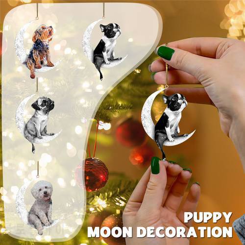 Christmas Ornaments Christmas Dog Sitting On The Moon Creative Decoration Wooden Christmas New Year 2022 Hanging Pendants