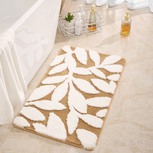 Inyahome Household Area Rug Mat Leaves Microfiber Strong Water Absorption Blue Bath Rug Tower with Non Slip Back Inside Entryway