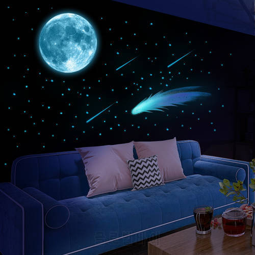 A set of 3 Blue Luminous Moon Meteor Creative Wall StickersLliving Room Bedroom Simple Decorative Wall Stickers