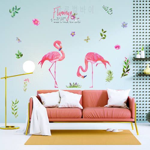 Tropical Green Leaves Flamingo Birds Wall Stickers Flowers Poster Plant Living Room Decor Decorative Vinyls Removable Home Decal