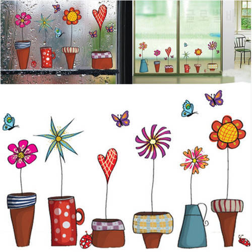 Pot Plant Flower Butterfly Nature Lovely Window Wall Decal PVC Wall Sticker Home Decor Decoration DIY Home Living Room