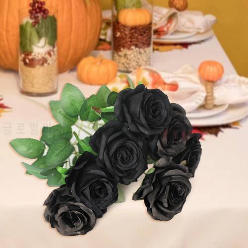 Black Rose Artificial Flowers Head with 7 Head Bunch Silk Flower Bouquet Decoration Wedding Background Home Fake Roses Floral