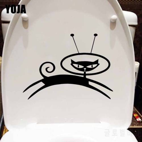 YOJA 24.2X17.9CM WC Toilet Sticker Cartoon Space Cat Wall Decal Home Decor Art T5-0138