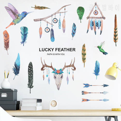 National wind feather pendant DIY wall stickers living room bedroom study self adhesive wall stickers DIY room decor aesthetic