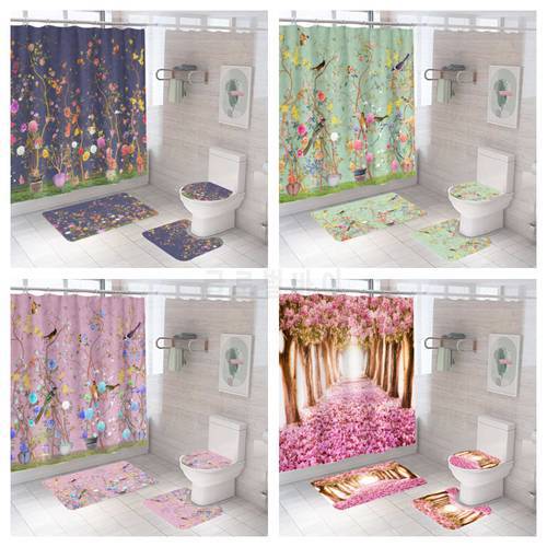 Chinese Style Flower and Birds Tree Shower Curtain Set Print Fabric Toilet Lid Cover Mat Carpet Bath 3D Bathroom Decor Hooks