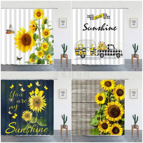 Butterfly Sunflower Shower Curtains Nature Floral Creative Rural Flower Bath Curtain Set Fabric Bathroom Decor With Hooks Yellow