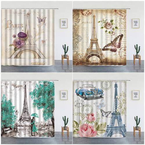 Vintage Paris Tower Shower Curtain Butterfly Flowers Romantic Lover Oil Painting Art Bathroom Decor Curtains Fabric With Hooks