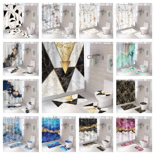 Shower Curtain Set Luxury with Non Slip Rug Carpet Modern Marble Bathroom Curtains Toilet Lid Cover Bath Mat Home Decoration