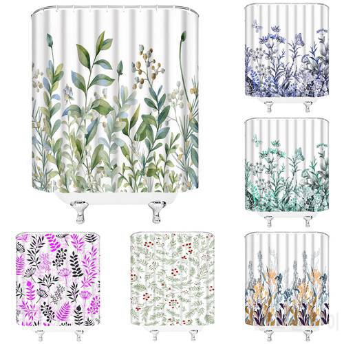 Botanical Shower Curtain Green Leaf Watercolor Floral Plant Butterfly Decor Bath Curtains Waterproof Fabric Bathroom Screen Home