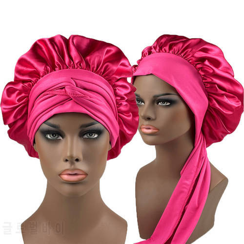1 Piece Shower Cap Women Polyester High Elastic Night Sleeping Hair Bonnet Hat with Ribbon Head Cover Satin Bonnet Hairdressing
