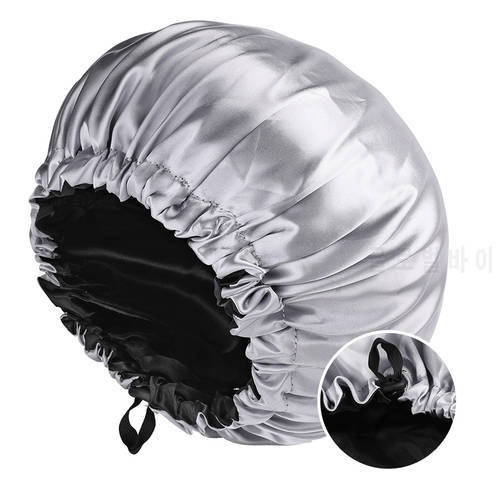 Adjustable Double Layer Satin Bonnet Nightcap Doubleside Women Round Shower Cap Night Sleep Polyester Hat Solid Black Lining