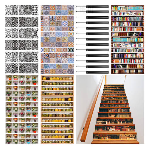 6pcs/13pcs Stair Stickers 3D Books Potted Plants Waterproof Removable Self Adhesive DIY Beach Stairway Decals Murals Home Decor