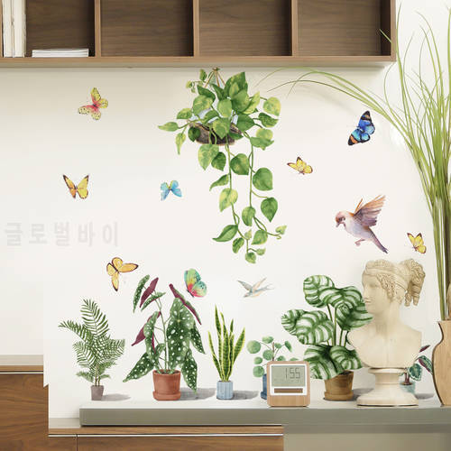 Green Flowers Potted Butterflies Wallpaper Living Room Bedroom Decorative Wallpaper Self-adhesive Wall Decal
