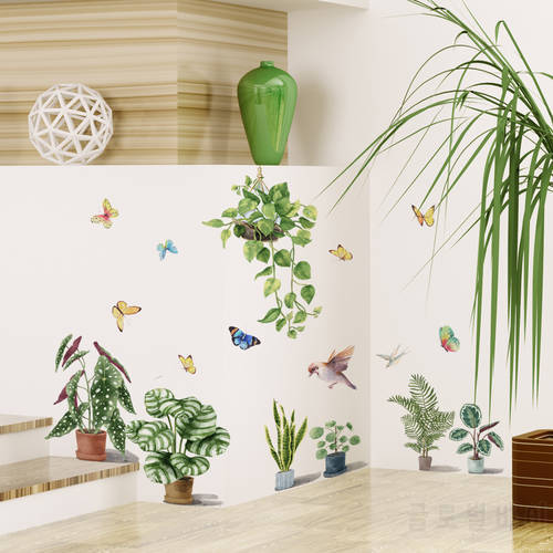 Green Plants Flower Potted Butterfly Wall Stickers Living Room Bedroom Home Decor Wall Stickers Self-Adhesive Wall Stickers