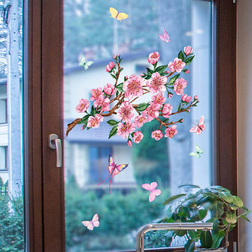 Branch Peach Blossom Butterfly Wallpaper Electrostatic Paste Glass Paste Window Double-sided Visual Decorative Wall Sticker
