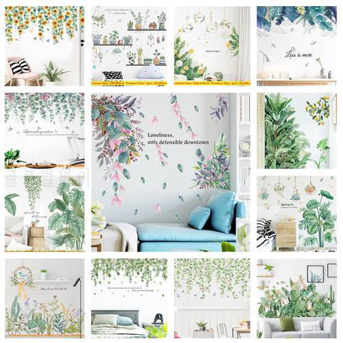 Tropical Green Plants Wall Stickers For Living Room Bedroom Decoration Vinyl Wallpaper Leaves Potted Poster Mural DIY Home Decor