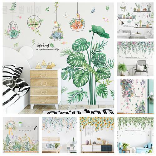 Tropical Green Plants Wall Stickers For Bedroom Living Room Decoration Self Adhesive Vinyl Wallpaper Leaves Potted Mural Decals