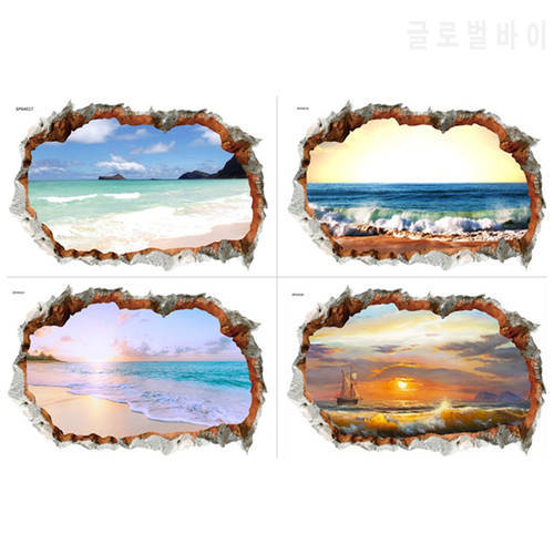 Ocean View Mural Beach Sea Wave 3D Broken Wall Vinyl Stickers Home Decoration Sunrise Scenery Creative Poster Wallpaper 60*40CM