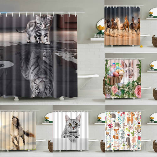 Lovely Cat Shower Curtains Animals Dogs Giraffe Rabbits Bathroom Curtain Waterproof Polyester Frabic Bath Screen Accessories Set