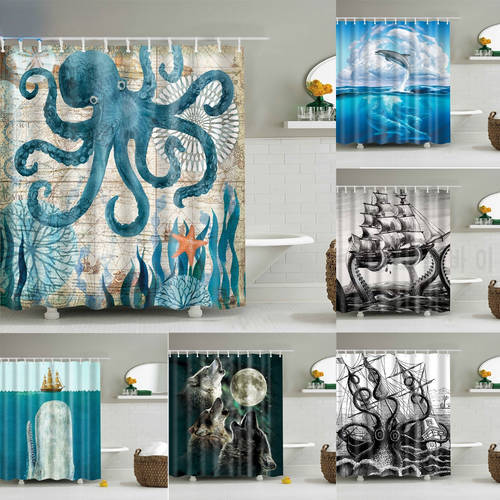 Octopus Shower Curtains 3D Print Marine Life Landscape Seahorse Turtle Waterproof Polyester Bathroom Accessories Set Bath Screen