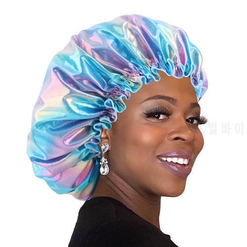 Satin Bonnet Hair Styling Cap Adjust Colorful Long Hair Care Lady Night Sleep Hat Women Laser Silk Head Wrap Shower Nightcap