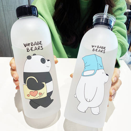 1000ml Water Bottles Cute Panda Bear Cup With Straw Transparent Cartoon Water Bottle Drinkware Frosted Cup Leak-proof