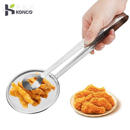 KONCO Fried Food Clip, Kitchen Tongs Filter Spoon with Clip Multi-functional Stainless Steel Colander Oil-Frying Filter
