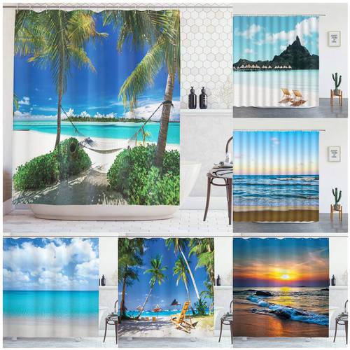 Seaside Shower Curtain Sun Palm Trees Tropical Island Beach Plant Print Cloth Bathroom Decor Curtains Set with Hooks White Green