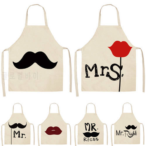 1Pcs Mr Mrs Couples Funny Kitchen Apron Dinner Party Baking Cooking Accessories Cotton Linen Pinafore Cleaning Tools Tablier