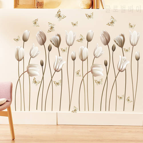 Elegant Golden Tulip Wall Stickers 3d Flower Butterfly Self-adhesive Wallpaper Living Room Wall Decorative Vinyl Mural Art Decal