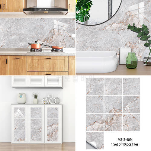 10pcs Agate Grey Marble Pattern Tiles Sticker Kitchen Backsplash Oil-proof Bathroom Wardrobe Home Decor Peel & Stick Wall Decals