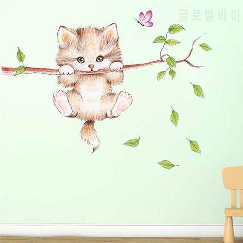 Cartoon Animals Lovely Cat Branches Butterfly Wall Sticker Living Room Bedroom Wallpaper Removable Stickers