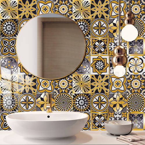 16pcs/set Gold & Black Ceramics Tiles Wall Sticker Kitchen Bathroom Tables Art Mural Home Decor Peel & Stick PVC Wallpaper