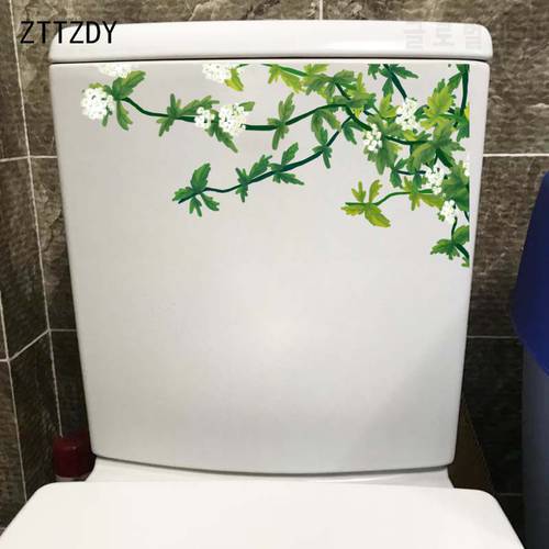 ZTTZDY 28*14.5CM Summer White Flower Green Leaves Toilet Seat Stickers Creative Wall Decal T2-0332