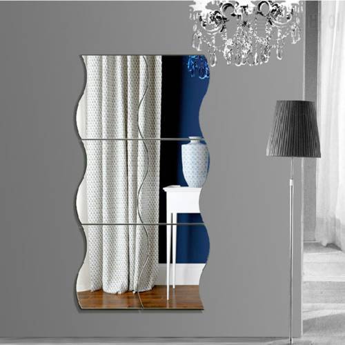6pcs 3D Wave Square Adhesive Decals Wave Shape Mirror Wall Stickers for Living Room DIY Mirror Wall Mural Modern Art Home Decor