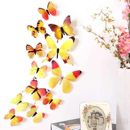 12pcs/lot PVC 3D Butterfly Wall Decor Cute Butterflies Wall Stickers Art Decals Home Decoration Room Wall Art 4 Colors Optional