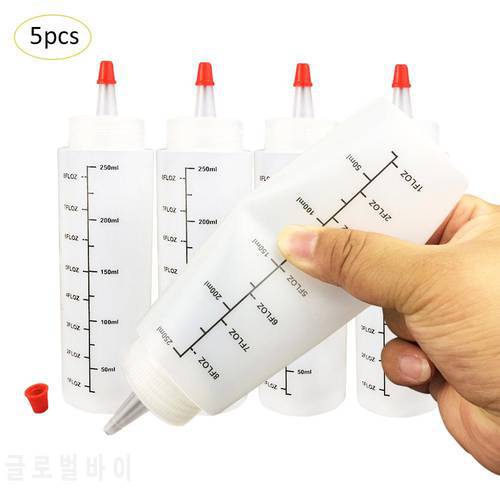 5PCS 250ML Plastic Needle-nosed Bottle With scale Squeeze Bottle With Leak-Proof Cap Sauce Bottle Salad Bottle Squeezable