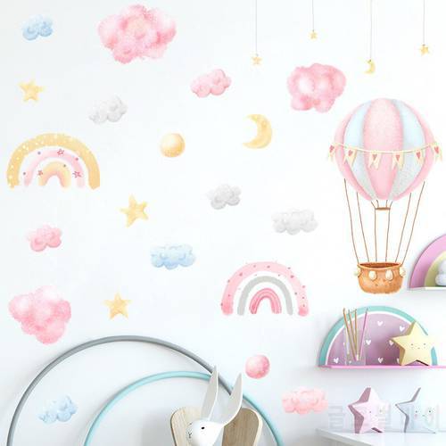 Cartoon Rainbow Cloud Hot Air Balloon Wall Sticker Girl Child Room Bedroom for Home Decoration Wallpaper Pink Series Stickers