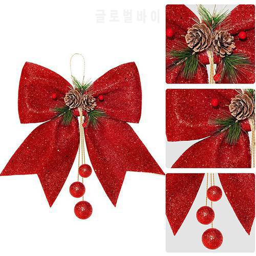 Christmas Ribbon Bow Pine Cones Tree Decoration Large Red Gold Sparkling Glitter
