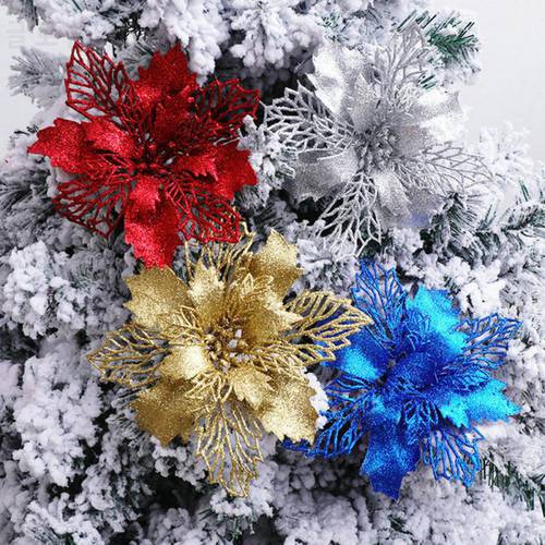 Artificial Christmas Flower Glitter Fake Flowers Bouquet Ornaments Xmas Tree Decoration Christmas Decorations 2022 DIY Xmas Gift
