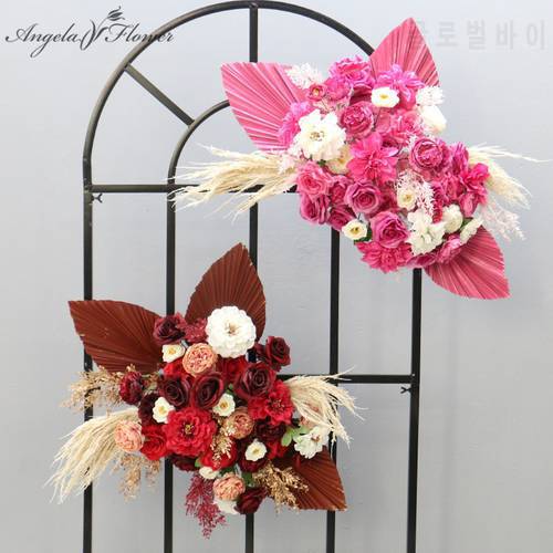 Color Golden Natural Dried Pu Fan Leaf Artificial Flower Row Arrangement Outdoor Wedding Arch BackWall Decor Hanging Floral