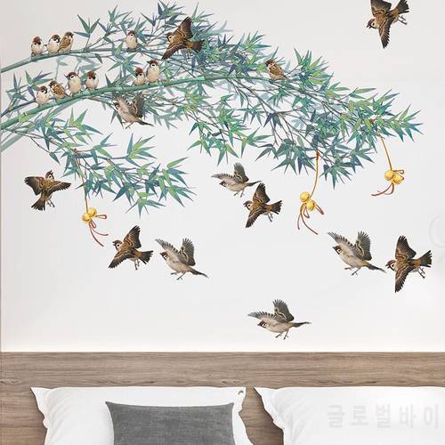 Chinese ink Painting Bamboo Birds Wall Stickers for Living room Bedroom Sofa TV Background Decor Vinyl Wall Decals Home Decor