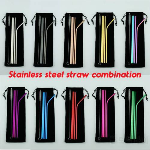 5pcs Reusable 304 Stainless Steel Straw Metal Smoothies Drinking Straight Straws Silicone Cover with Brush Bag Combination