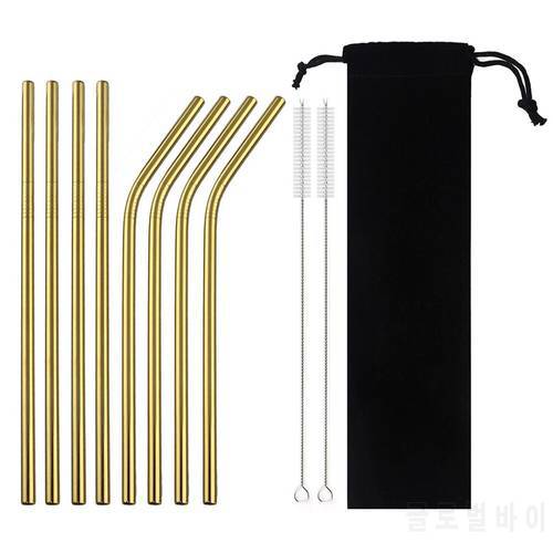 Mteal Straw Coffee Party Bar Straw With Cleaner Brush Portable Bag 18/10 Stainless Steel Reusable Straws Gold Drinking Straw Set