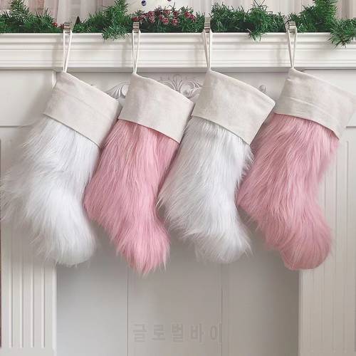 Christmas Stocking Pink White Fur Christmas Tree Ornaments Decor Christmas Gift Bags New Year