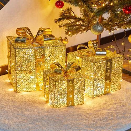 3Pcs/set Christmas Decoration Gift Box Ornaments with LED Lights Luminous Iron Hollow Gift Box Christmas Supplies Scene Layout